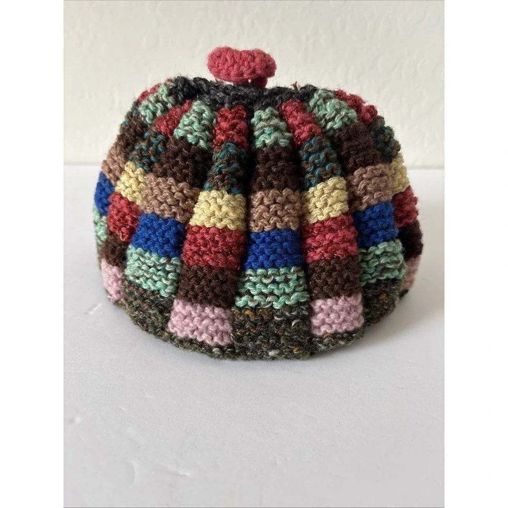 Hand Knitted Multi Colored Ribbed Tea Cozy Hat Medium Teapot